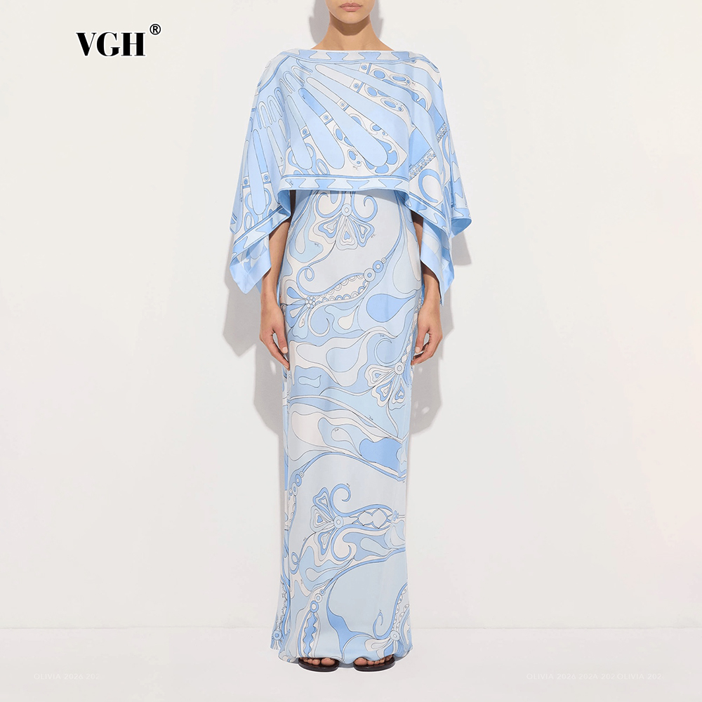 Woman Formal Wear - ชุดเซ็ตสองชิ้นลายพิมพ์นามธรรมสีฟ้าอ่อน VGH สำหรับผู้หญิง ชุดเดรสเข้ารูปพร้อมเสื้อคลุมคอวีทรงหลวมสำหรับงานแต่งงาน งานกาล่า