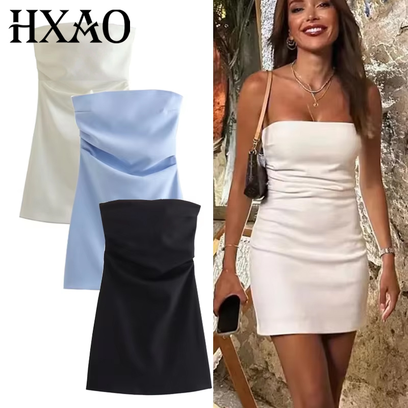 Women Formal Wear Zara - TRAF ชุดผู้หญิงปิดไหล่รัดตัวสั้น Ruched Backless สีฟ้าสีดําสีขาวชุดผู้หญิงเซ็กซี่ Bodycon