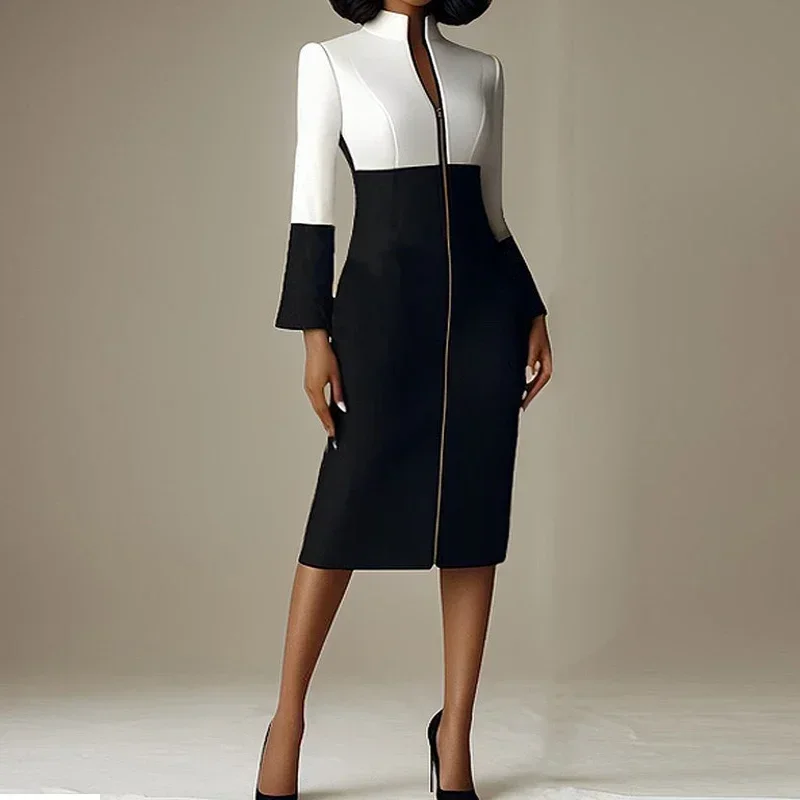 Women Formal Wear H&M - เดรสผู้หญิงคอวีสีตัดกัน ซิปหน้า ทรงเข้ารูป ความยาวปานกลาง สำหรับฤดูใบไม้ผลิ ฤดูใบไม้ร่วง