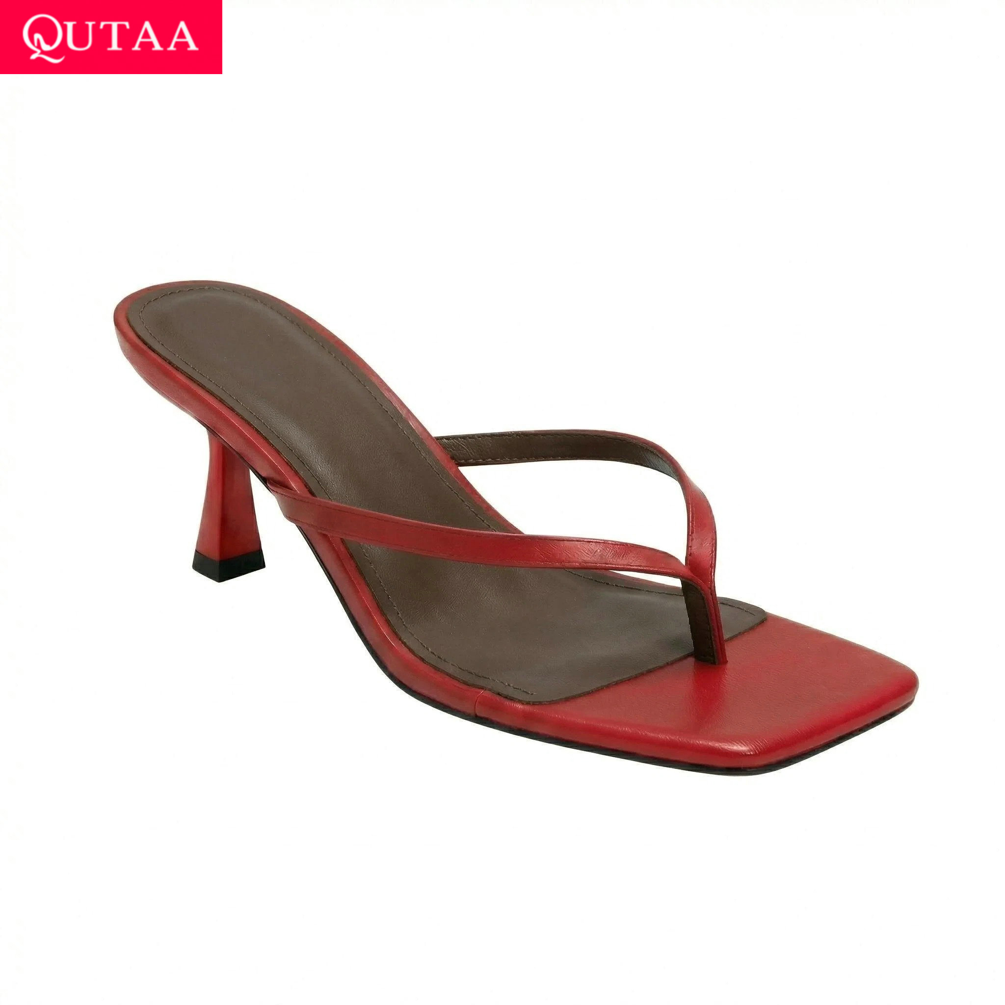 Kitten Heel Women - QUTAA นิวส์แฟชั่นรองเท้าแตะผู้หญิงรองเท้าแตะฤดูร้อนรองเท้าส้นสูงหนังสแควร์ทูรองเท้าแตะแบบสวมลำลองรองเท้า 34-43