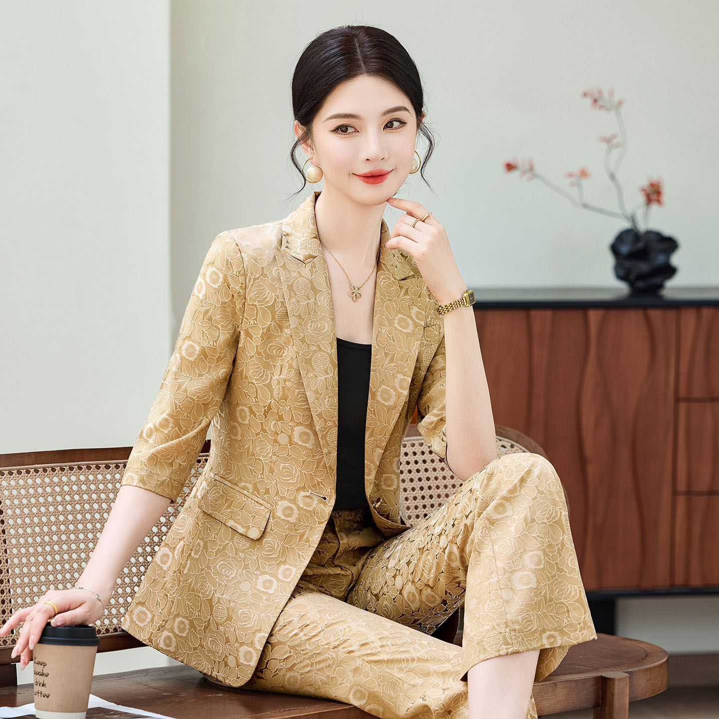 Formal Women'S Wear - แฟชั่นชุดสูทมืออาชีพสีแอพริคอท แขนครึ่งตัว สำหรับผู้หญิง รุ่นใหม่ 2026 ฤดูร้อน