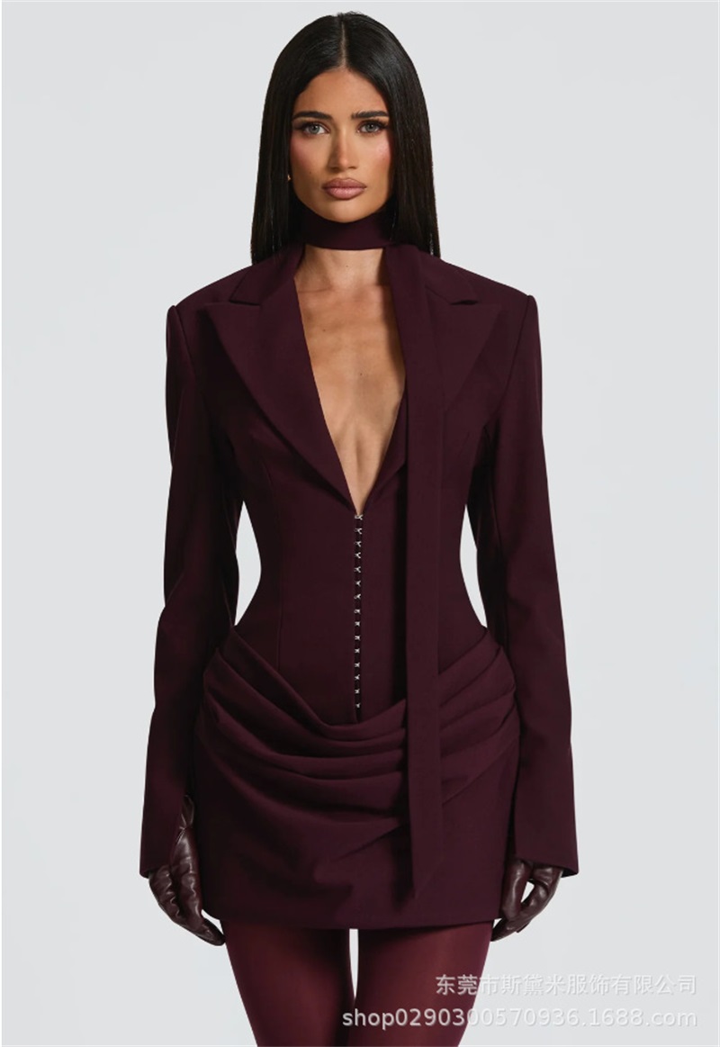 Women Formal Wear Coat - เสื้อคลุมสูทผู้หญิงแบบชิ้นเดียว ผ้าคลุมไหล่ยาว แต่งระบายช่วงคอวีเซ็กซี่ พร้อมแถบลายทางด้านหลัง ชุดเดรสสั้นสำหรับงานปาร์ตี้ ชุดทำงานสุภาพสำหรับสุภาพสตรี