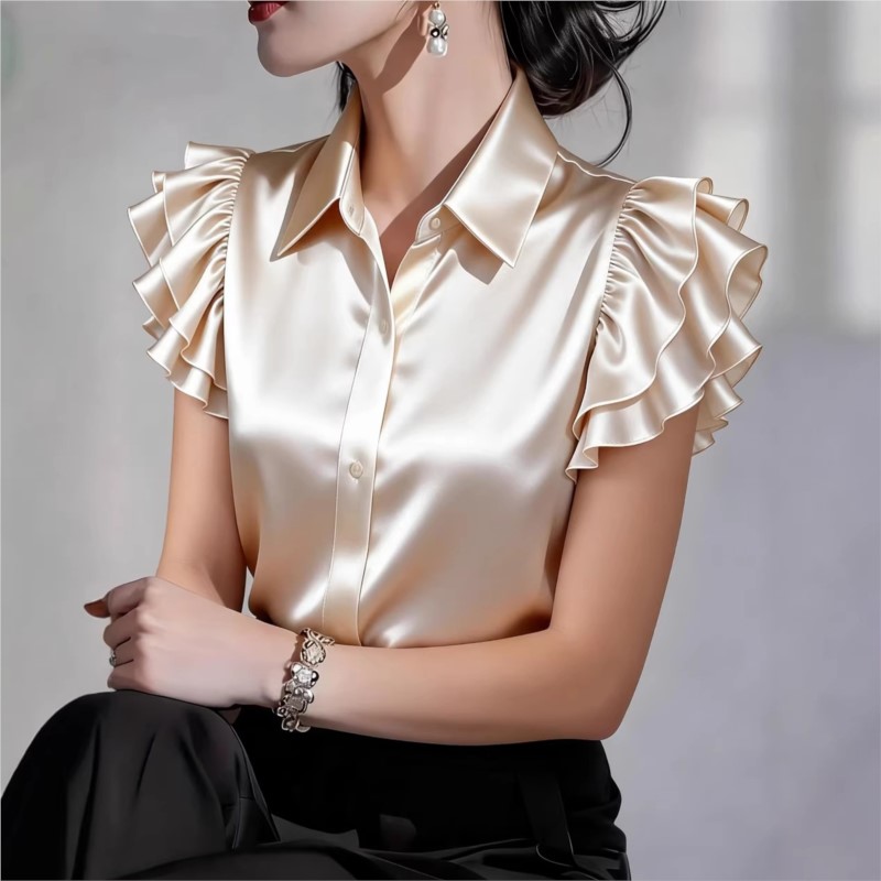 Silk Blouse Button - เสื้อเชิ้ตแขนสั้นระบายแบบสบายๆ คอลเลคชั่นฤดูใบไม้ผลิ-ฤดูร้อน 2026 ปกคอเสื้อพับได้ ผ้าไหมซาติน สำหรับผู้หญิง