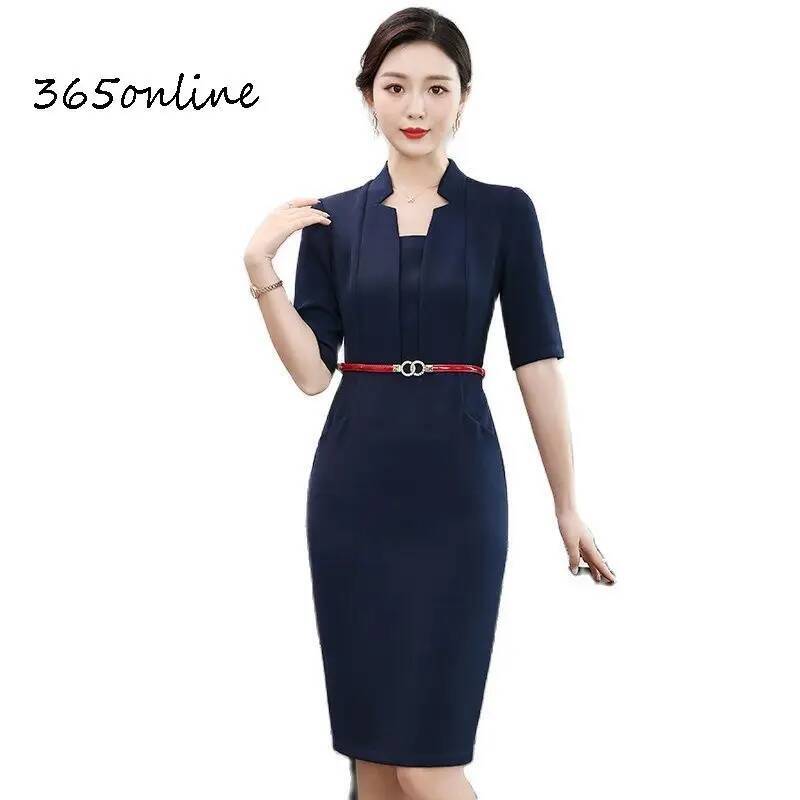 Women Formal Wear H&M - ชุดเดรสทรงเข้ารูปสไตล์สาวออฟฟิศ แขนสั้นสำหรับฤดูร้อน เหมาะสำหรับใส่ทำงาน ชุดมินิเดรสสำหรับร้านเสริมสวย พร้อมเข็มขัด