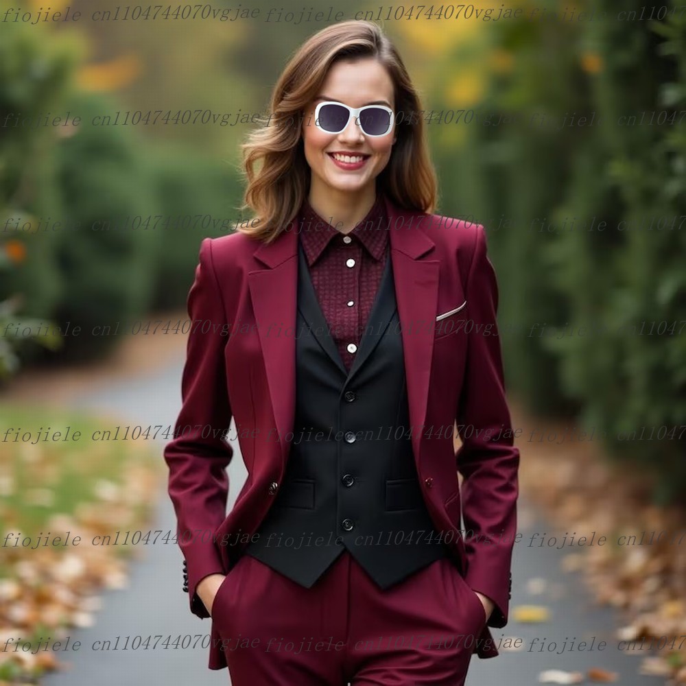 Blazer Set Women Formal - ชุดสูทผู้หญิงสีเบอร์กันดีและสีดำสำหรับงานทางการ งานแต่งงาน งานพรอม ชุดทักซิโด้สำหรับคุณแม่และเด็กผู้หญิง ชุด 3