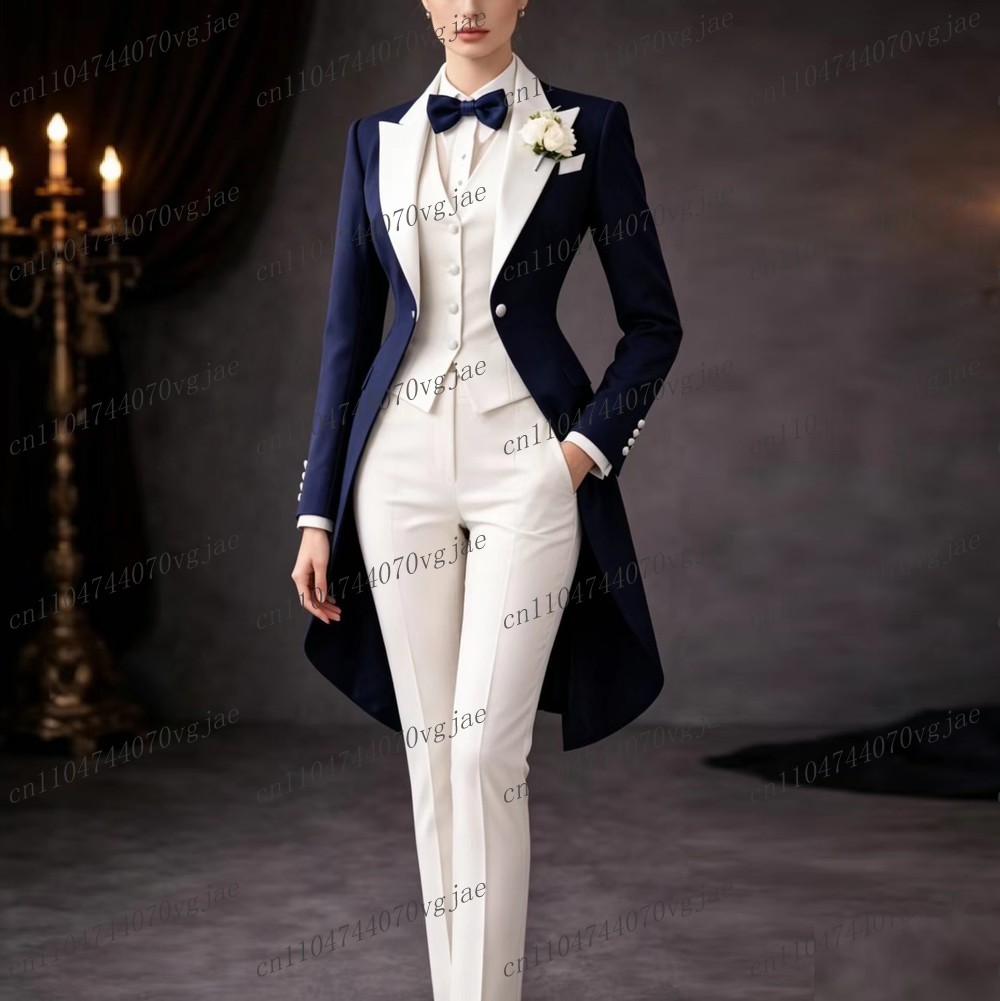 Blazer Set Women Formal - ชุดสูทผู้หญิงสีน้ำเงินกรมท่าและสีขาวแบบยาว สำหรับงานพิธีการ งานแต่งงาน งานพรอม ชุดทักซิโด้สำหรับคุณแม่และเด็กผู้หญิง ชุด