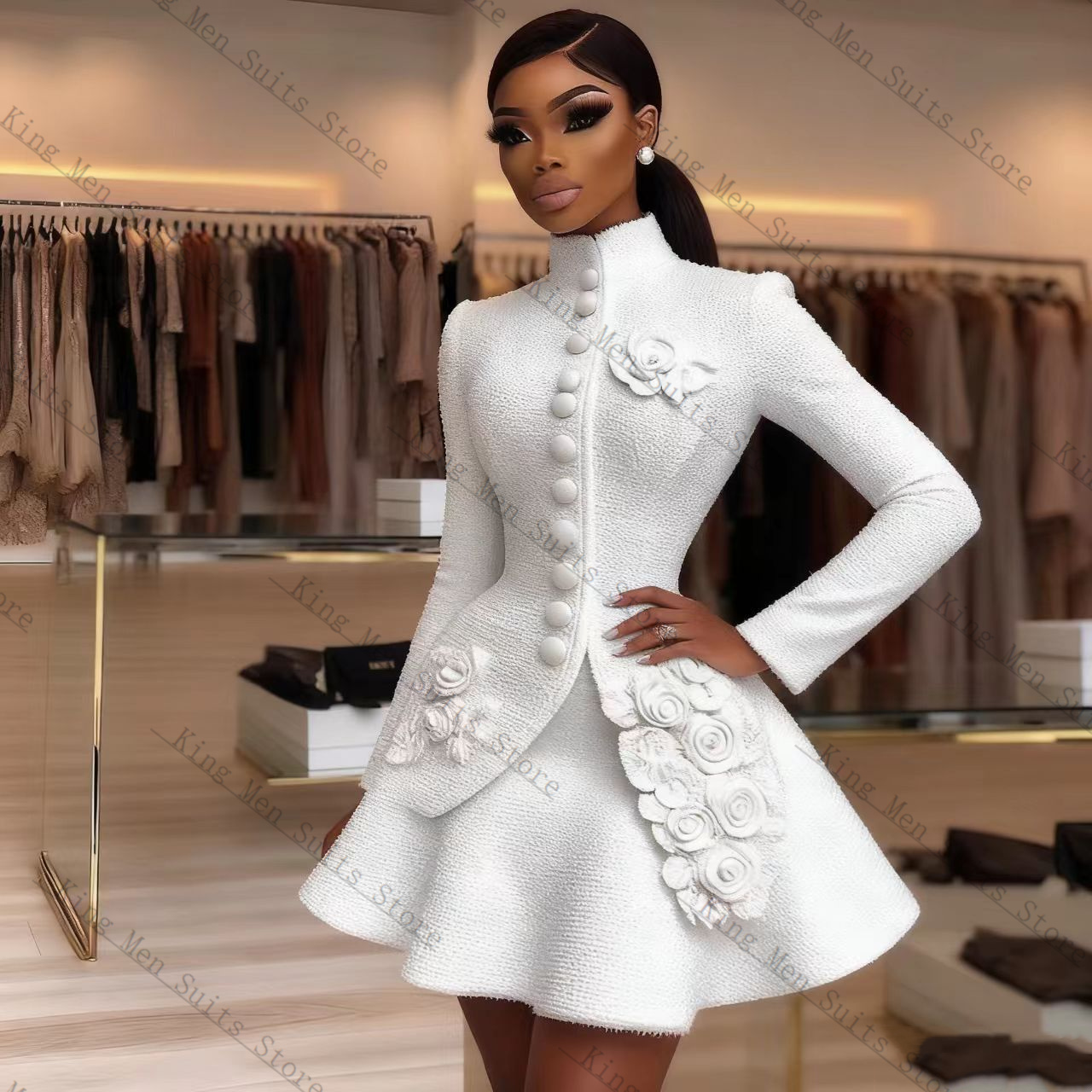 Women Formal Wear Coat - ชุดสูทผู้หญิงสีขาวหรูหรา 2 ชิ้น เสื้อเบลเซอร์+เดรสสั้นทรงมินิ ประดับดอกไม้ 3