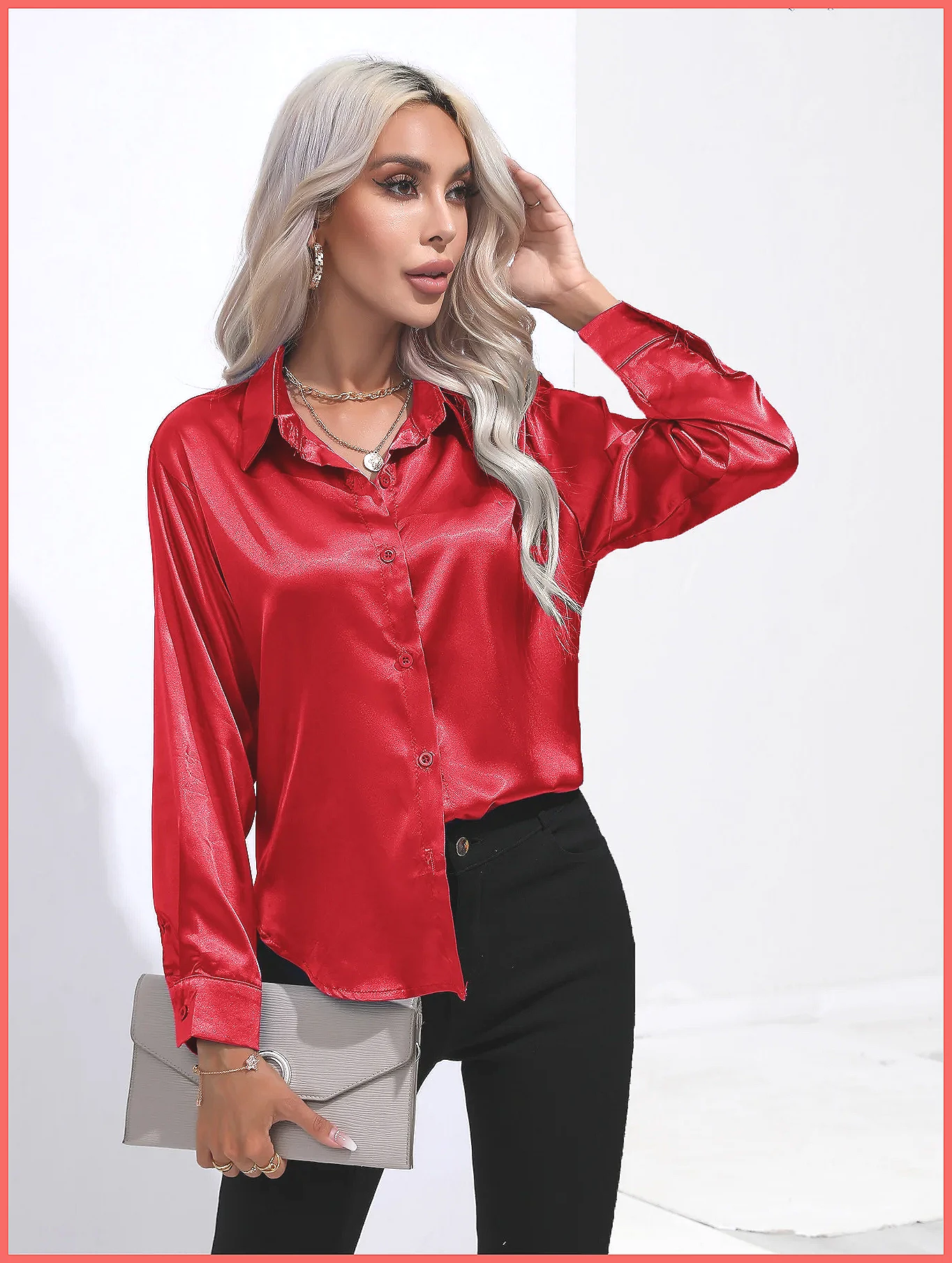 Silk Blouse Button - เสื้อเชิ้ตผ้าซาตินสำหรับผู้หญิง คอลเลคชั่นฤดูใบไม้ผลิ/ฤดูร้อน ปี 2025 คอวี แขนยาว