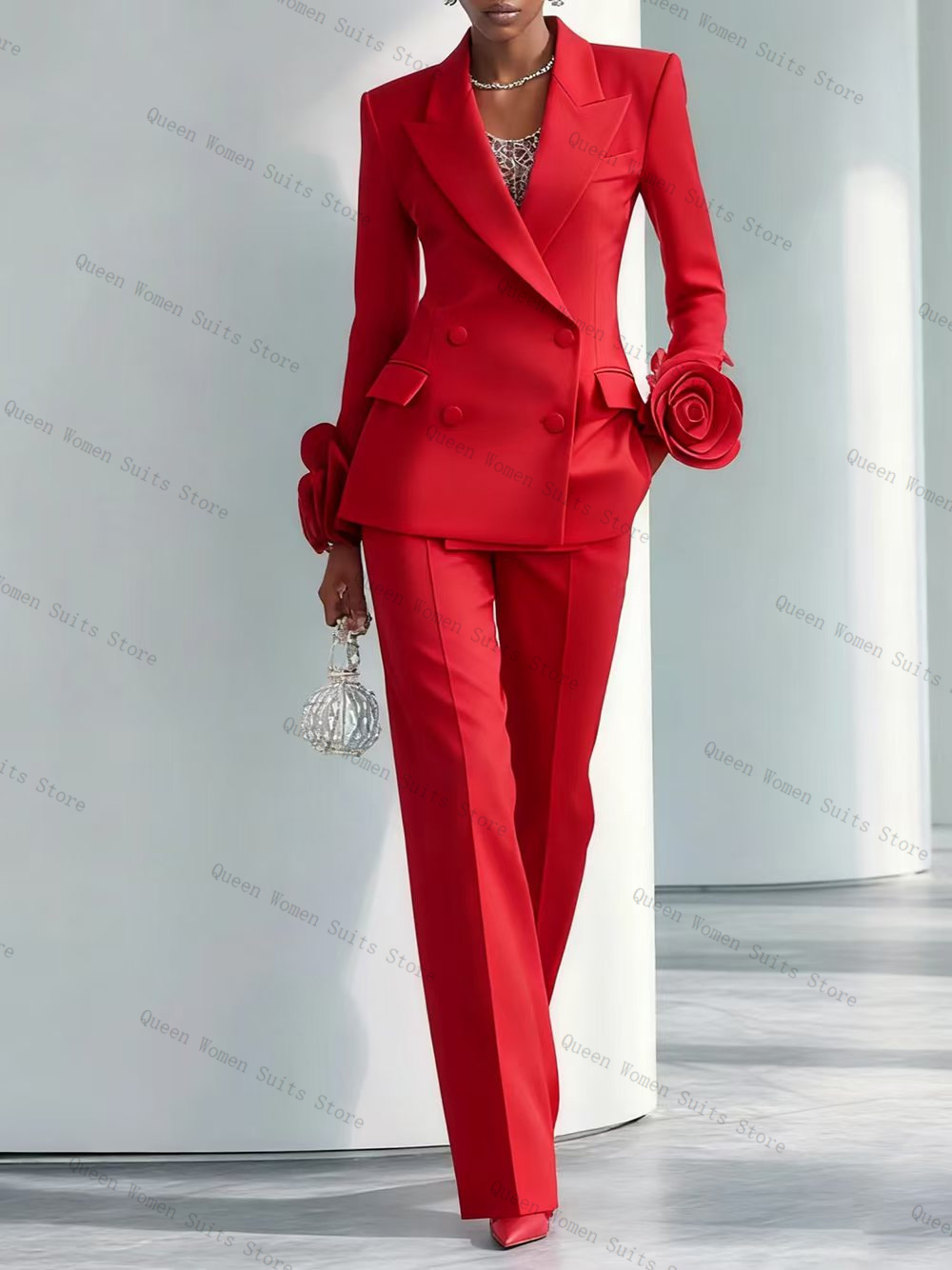 Women Formal Wear Coat - ชุดสูทผู้หญิงสีแดงสุดหรู 2 ชิ้น เสื้อเบลเซอร์+กางเกงขายาว ลายดอกไม้ 3
