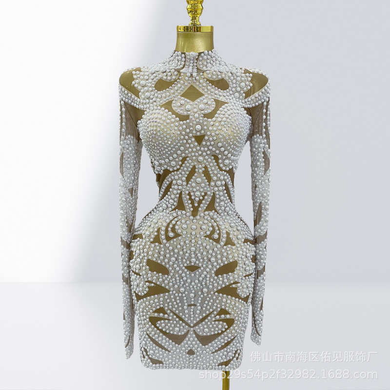 Women Formal Wear H&M - ชุดเดรสสั้นแนบเนื้อ คอเต่าครึ่งตัว ผ้าตาข่ายโปร่งแสง ประดับลูกปัดหรูหรา เหมาะสำหรับงานปาร์ตี้ นักร้อง