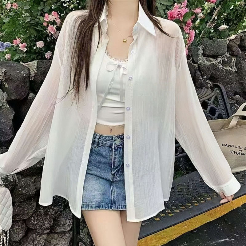 Silk Blouse Button - เสื้อผู้หญิงสไตล์ลำลองหลวมๆ รุ่นซัมเมอร์ 2026 ระบายอากาศได้ดี ป้องกันแสงแดด ผ้าไหมน้ำแข็ง