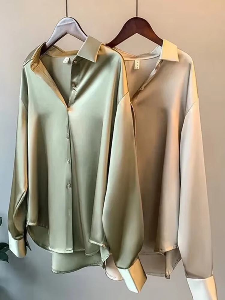 Silk Blouse Button - เสื้อเชิ้ตผ้าซาตินทรงหลวมสำหรับผู้หญิง รุ่นปี 2026 ดีไซน์หรูหรา คอปกพับได้ สไตล์วินเทจลำลอง
