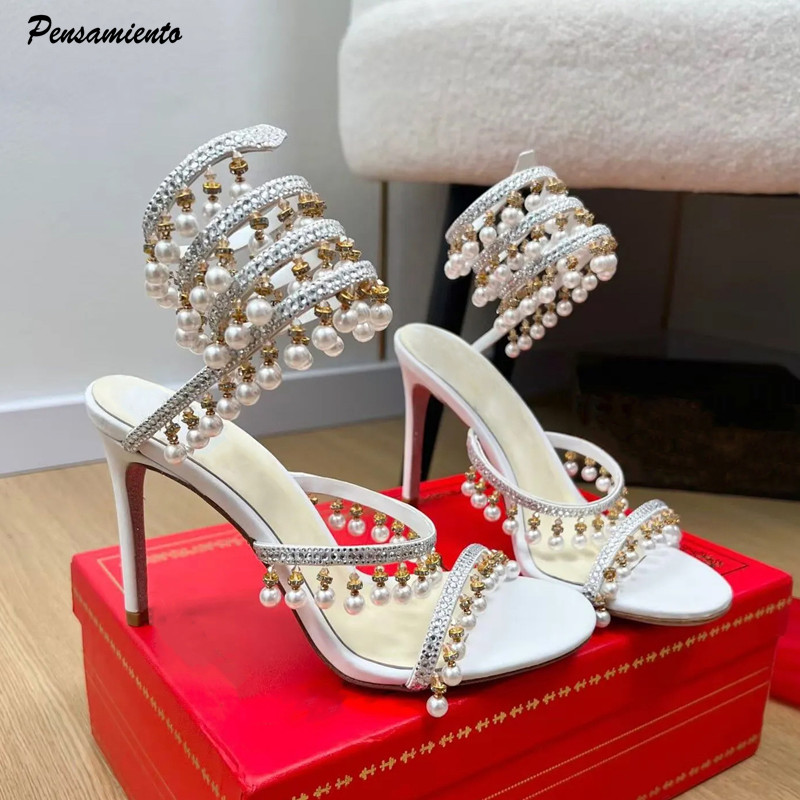 Women Formal Wear For Wedding - รองเท้าส้นสูงประดับมุกและคริสตัลหรูหรา สไตล์กลาดิเอเตอร์ สายรัดข้อเท้าลายงู ผ้าซาติน เหมาะสำหรับงานเลี้ยงฤดูร้อนและงานแต่งงาน