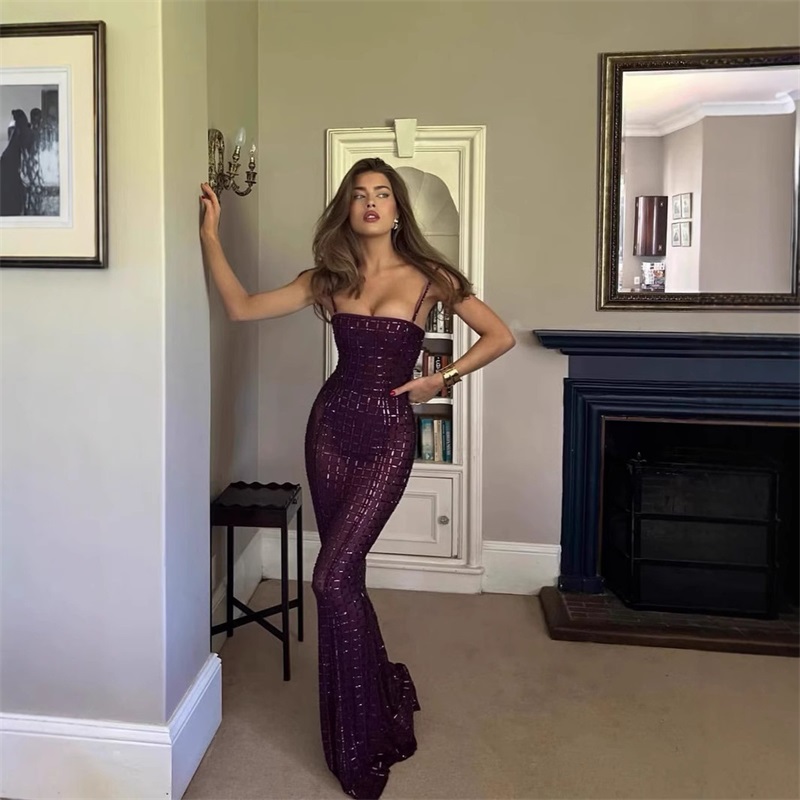Formal Wear Gowns For Women - คริสตัลสีม่วงผู้หญิงชุดราตรีเซ็กซี่ลายข้อเท้ายาว Sheath ชุดพรรคอย่างเป็นทางการวันเกิดสีแดงพรม Robe กระโปรง