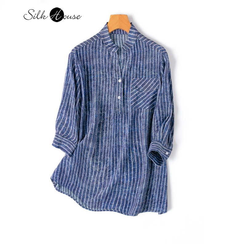 Silk Blouse Button - เสื้อเชิ้ตสามส่วนคอวีไหมหม่อนธรรมชาติลายทางแนวตั้งผ้ายีนส์ใหม่สำหรับฤดูใบไม้ผลิ/ฤดูร้อน2024แฟชั่นของผู้หญิง