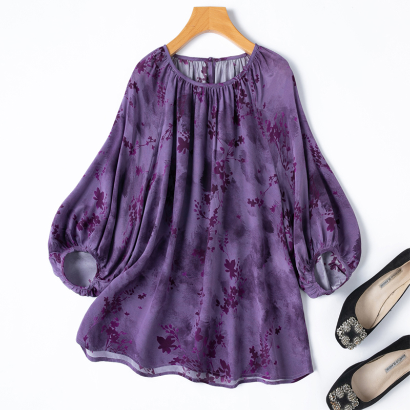 Silk Blouse Button - ผู้หญิงผ้าไหมเสื้อ 100% หม่อนCrepeผ้าไหมดอกไม้สีม่วงพิมพ์หลวมประเภทPulloverเสื้อด้านบน 2025 Office LadyทํางานM1304