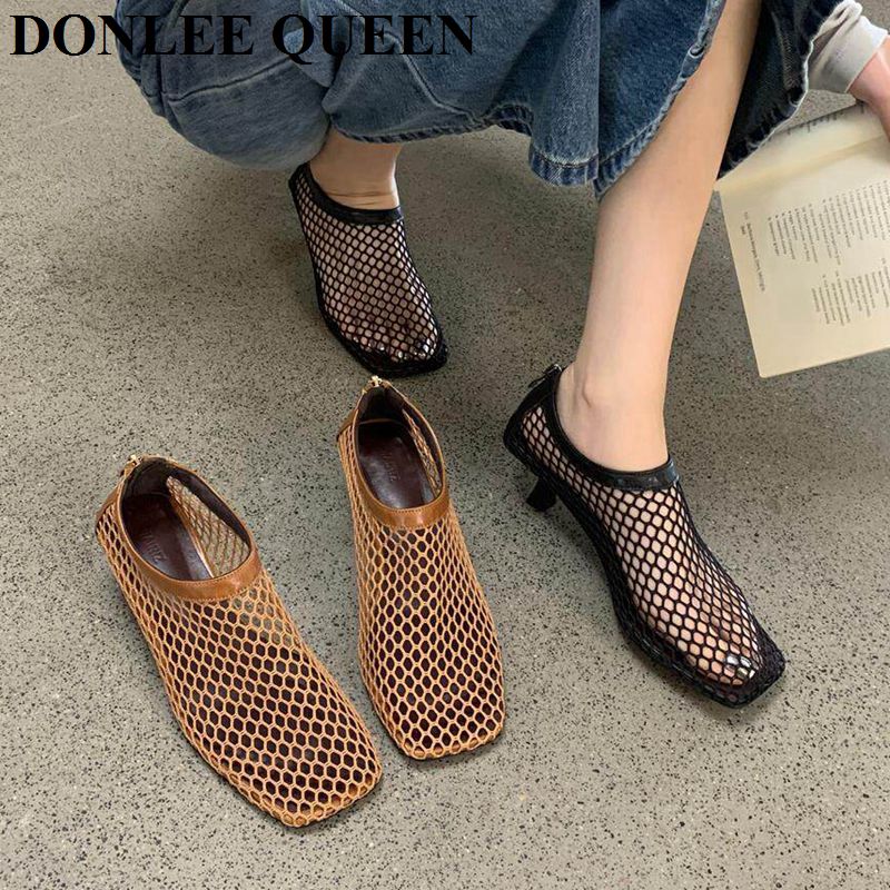 Kitten Heel Women - รองเท้าส้นเตี้ยแบบสวมเปิดส้นทรงเหลี่ยมสไตล์วินเทจ ตกแต่งตาข่าย ระบายอากาศได้ดี มีซิปด้านหลัง เหมาะสำหรับผู้หญิง