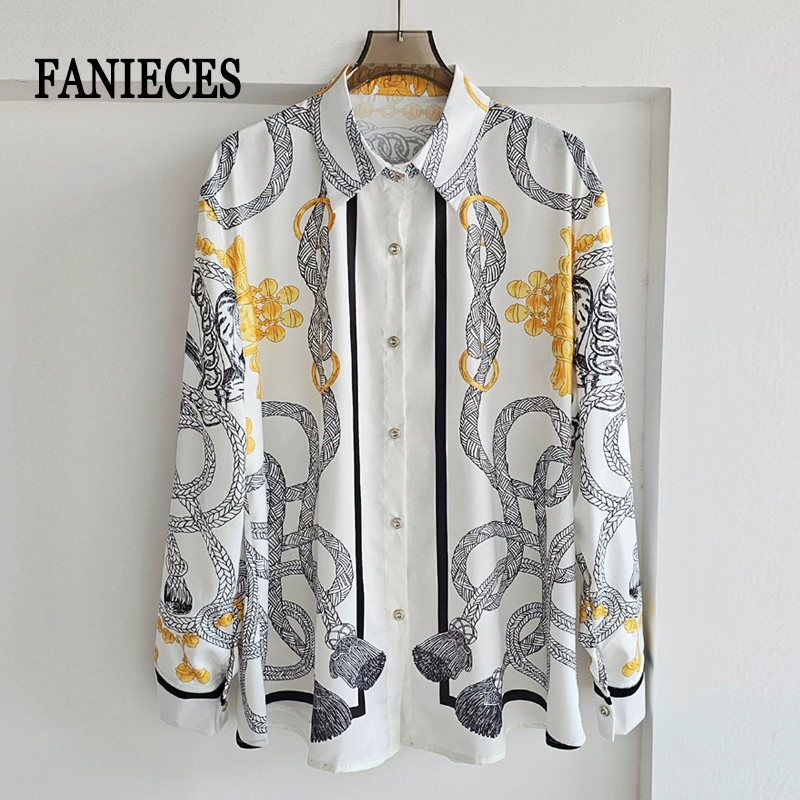 Silk Blouse Button - เสื้อเชิ้ตผ้าซาตินผู้หญิง ไซส์ S-4XL แขนยาว ปกเสื้อติดกระดุม เสื้อไหมพิมพ์ลายหรูหรา