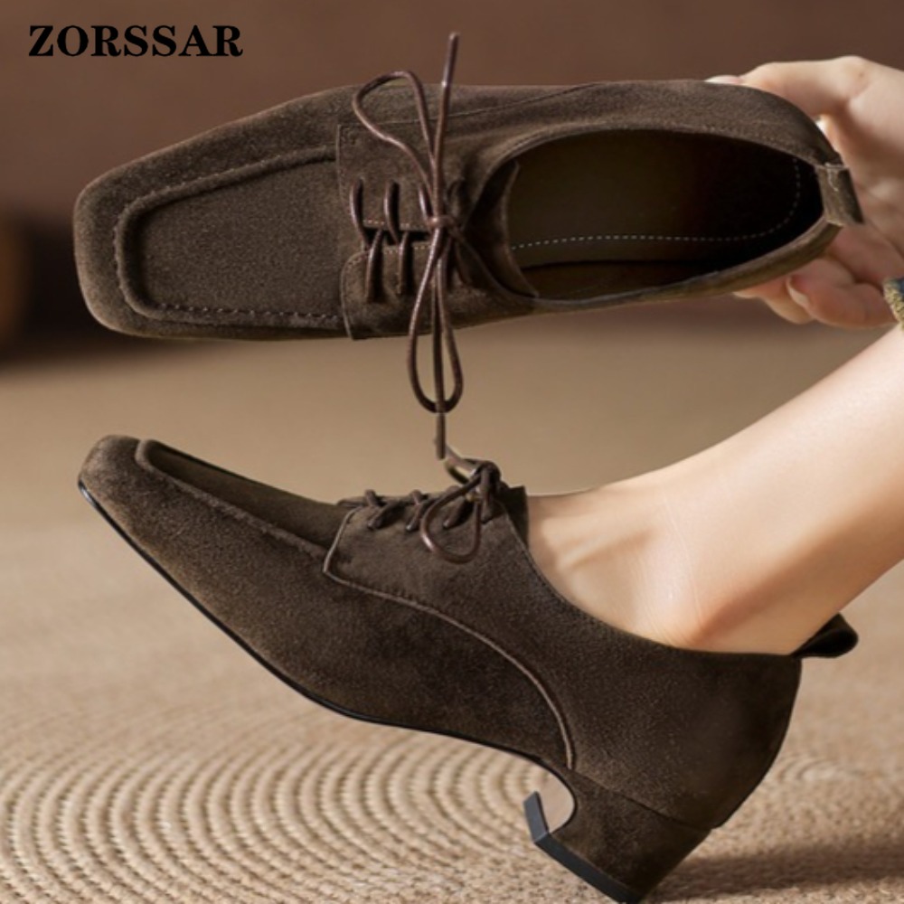 Women Formal Office Wear Shoes - รองเท้าอ็อกซ์ฟอร์ดแบบผูกเชือกทรงสี่เหลี่ยมหนังกลับสีน้ำตาลสำหรับผู้หญิง, รองเท้าส้นเตี้ยแบบเป็นทางการ, รองเท้าทำงานที่ดูสง่างามสำหรับทำงาน, ธุรกิจ, และสวมใส่ในชีวิตประจำวัน