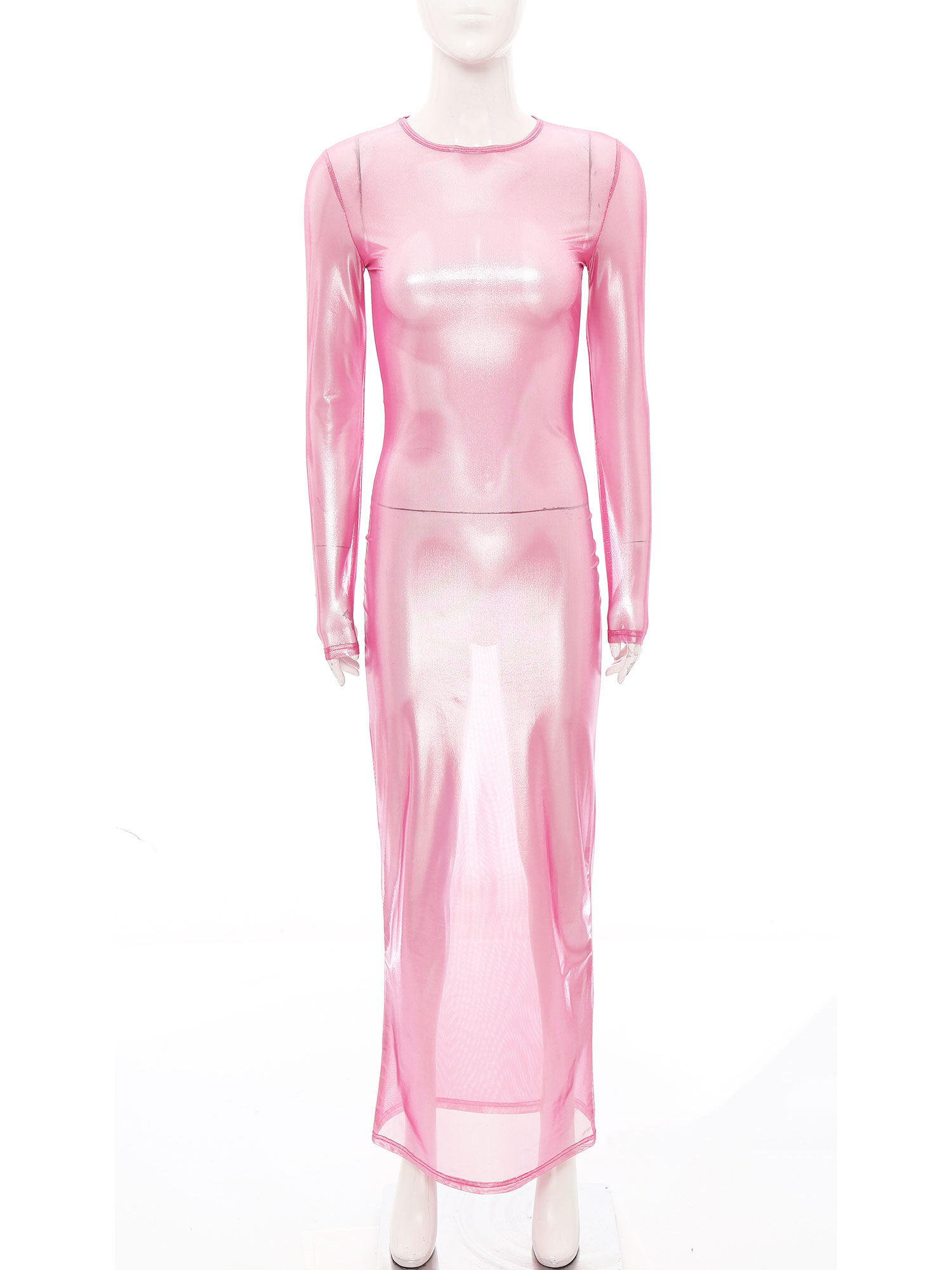 Formal Wear Gowns For Women - สตรี SHINY METALLIC SHEER ชุดยาวดูผ่านแขนยาว Maxi