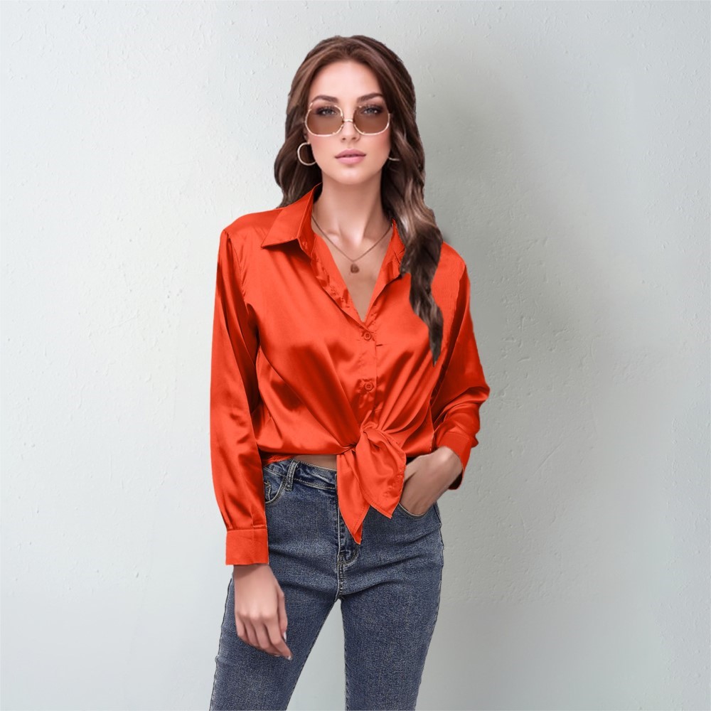 Silk Blouse Button - ฤดูใบไม้ผลิเสื้อซาตินผู้หญิงหลวมปุ่มสีแดงเสื้อสุภาพสตรีเลียนแบบผ้าไหมเสื้อแขนยาวสําหรับสตรี