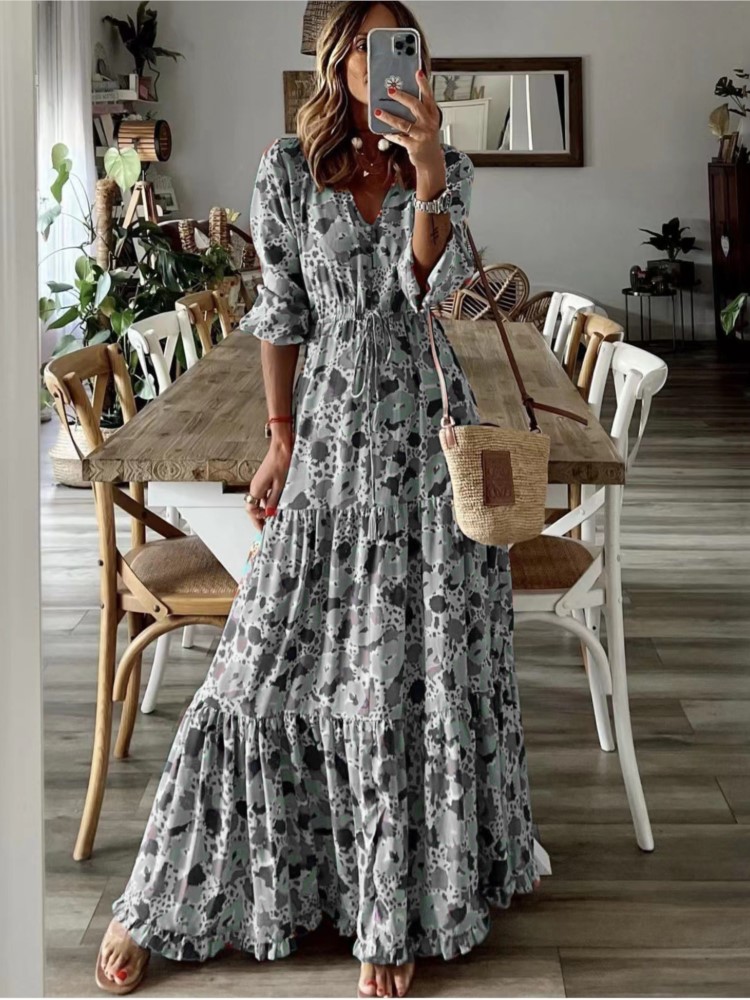 Women Formal Wear Zara - เดรสยาวทรงสวิงขนาดใหญ่แขนสี่ส่วนลูกไม้พิมพ์ลายแฟชั่นคอวีเซ็กซี่สำหรับวันหยุดพักผ่อน