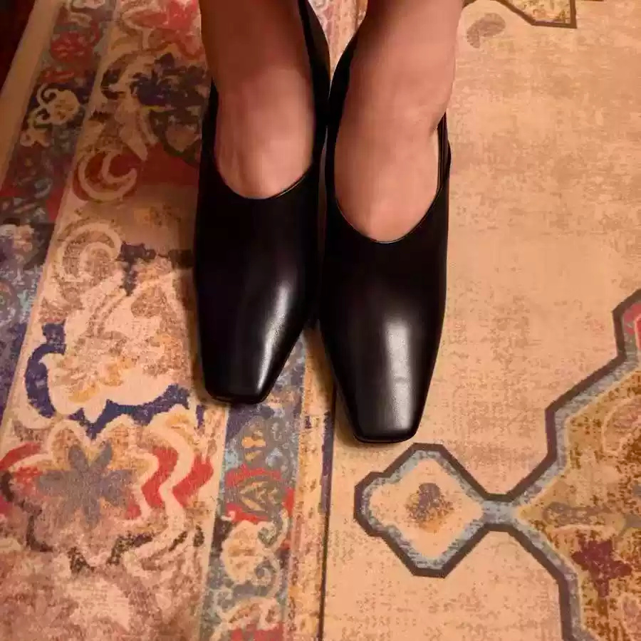 รองเท้าส้นหนาหัวเหลี่ยมหนังสีด - Women Formal Office Wear Shoes บทวิจารณ์และราคา