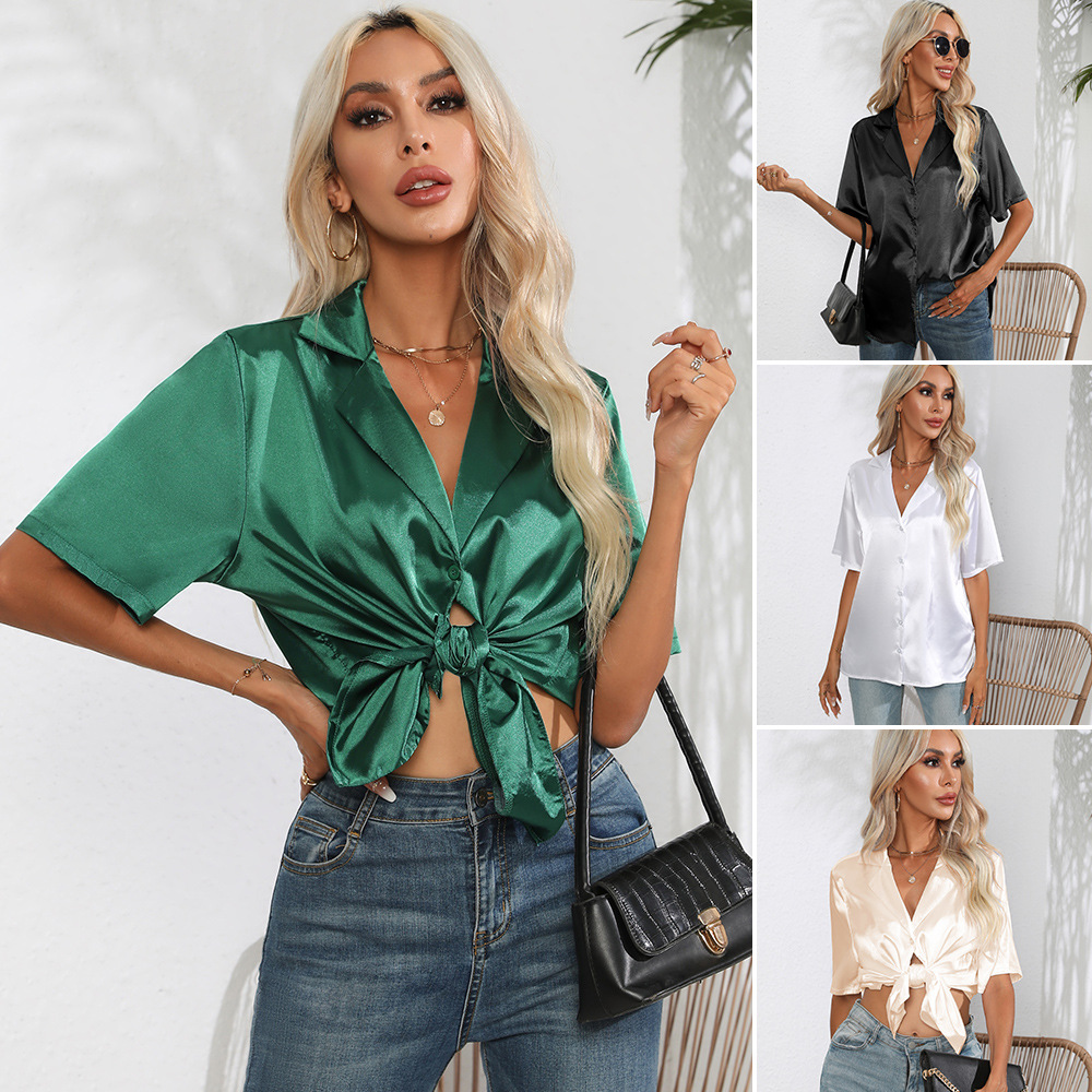 เสื้อเชิ้ตผู้หญิงสีพื้น ผ้าซาต - Silk Blouse Button บทวิจารณ์และราคา