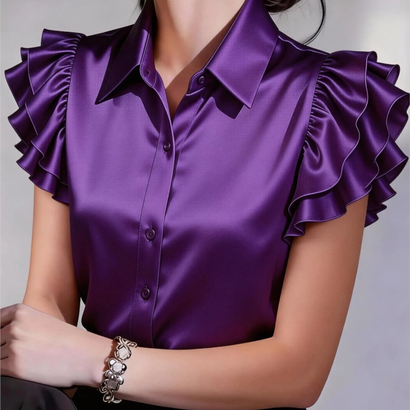 เสื้อเชิ้ตแขนสั้นระบายแบบสบายๆ - Silk Blouse Button บทวิจารณ์และราคา
