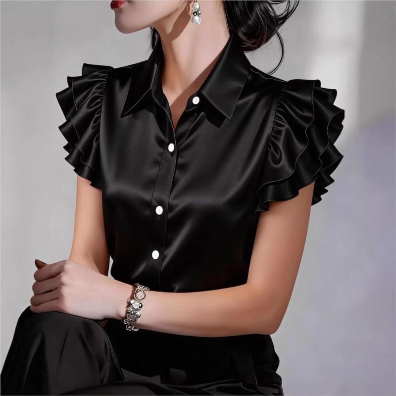 เสื้อเชิ้ตแขนสั้นระบายแบบสบายๆ - Silk Blouse Button บทวิจารณ์และราคา