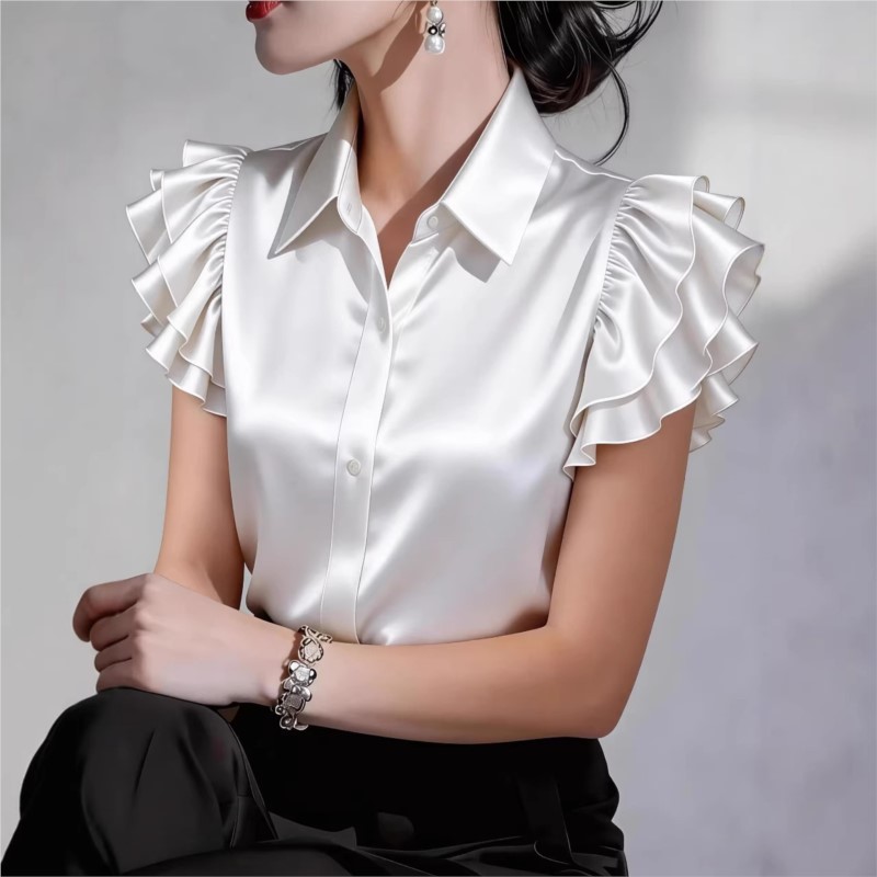 เสื้อเชิ้ตแขนสั้นระบายแบบสบายๆ - Silk Blouse Button บทวิจารณ์และราคา