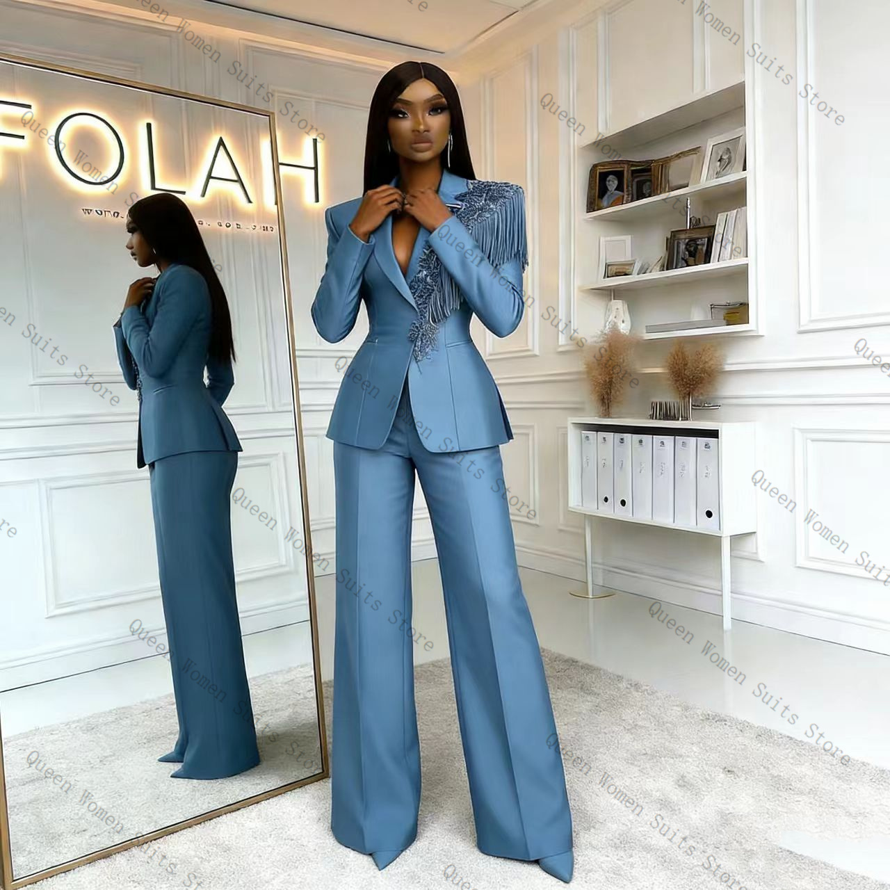 ชุดสูทผู้หญิงสีน้ำเงินประดับพู - Women Formal Wear Coat บทวิจารณ์และราคา