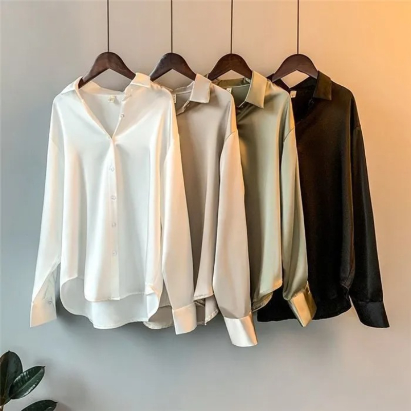 เสื้อเชิ้ตผ้าซาตินทรงหลวมสำหรั - Silk Blouse Button บทวิจารณ์และราคา