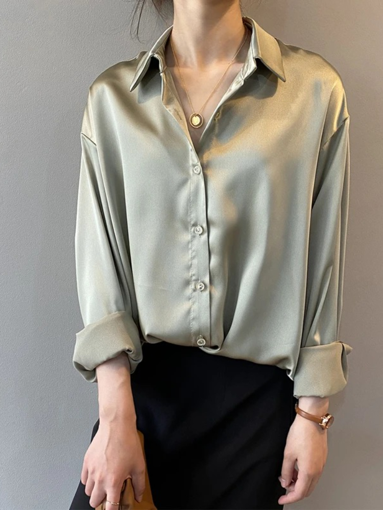 เสื้อเชิ้ตผ้าซาตินทรงหลวมสำหรั - Silk Blouse Button บทวิจารณ์และราคา