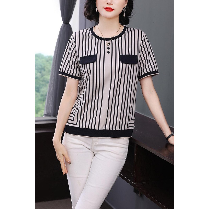 เสื้อยืดผ้าไหมน้ำแข็งลายทางสำห - Silk Blouse Button บทวิจารณ์และราคา