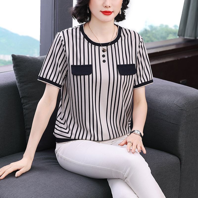 เสื้อยืดผ้าไหมน้ำแข็งลายทางสำห - Silk Blouse Button บทวิจารณ์และราคา